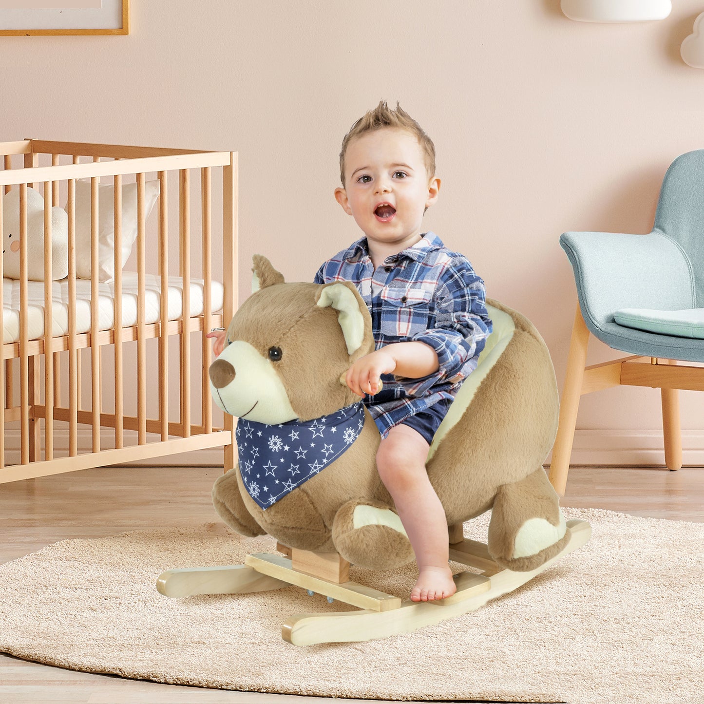 Baby Rocking Horse With Lullaby, Ride On Horse, Bear Themed Plush Animal Rocker With Pedals For Ages 18-36 Months, Easy To Assemble