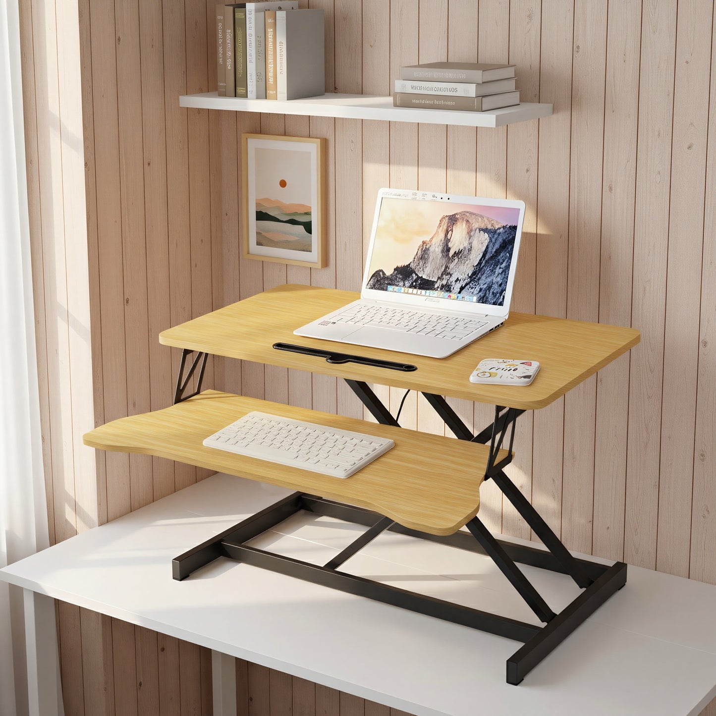 32 Inch Desk Converter, Height Adjustable Sit To Stand Riser, Dual Monitor And Laptop Workstation With Wide Keyboard Tray, Standing Computer Desk, Natural Color