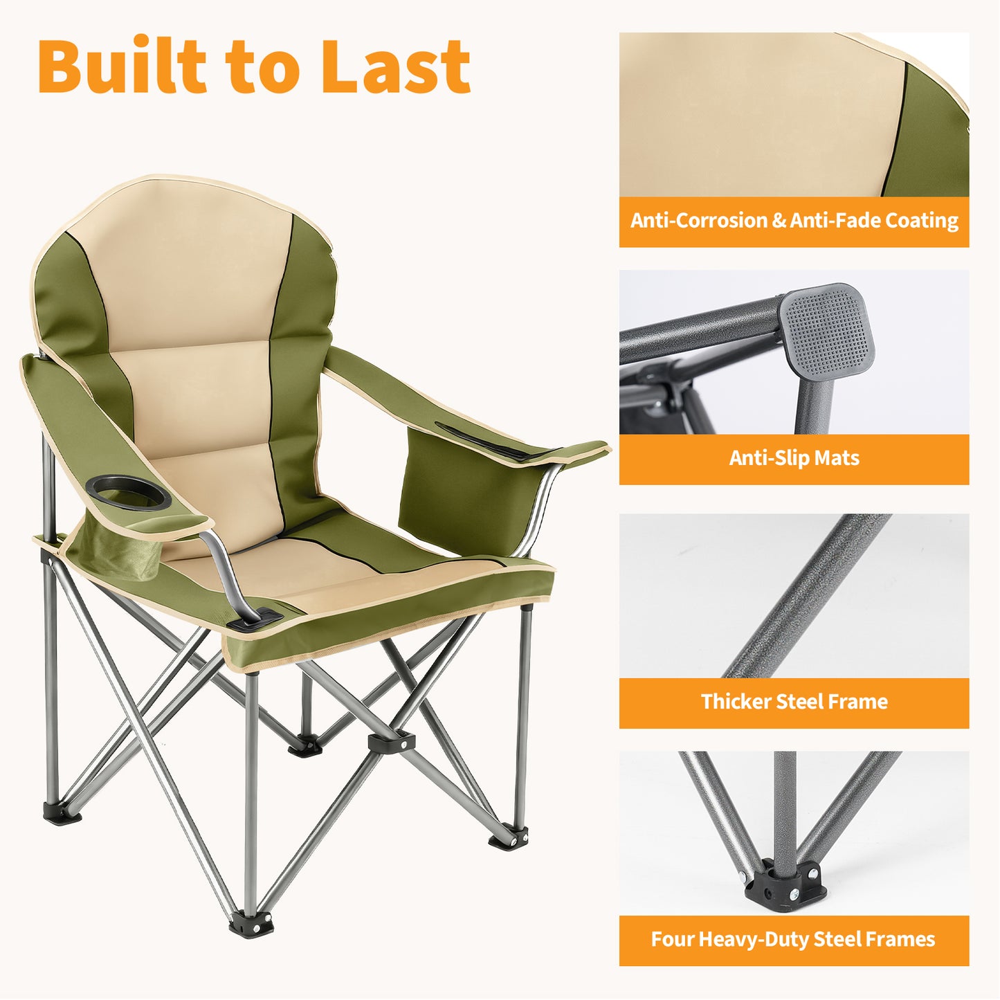 Oversized Camping Folding Chair, Heavy Duty Padded Chair With Cup Holder Storage And Cooler Bag, 5000 LBS Steel Frame, Portable For Outdoor