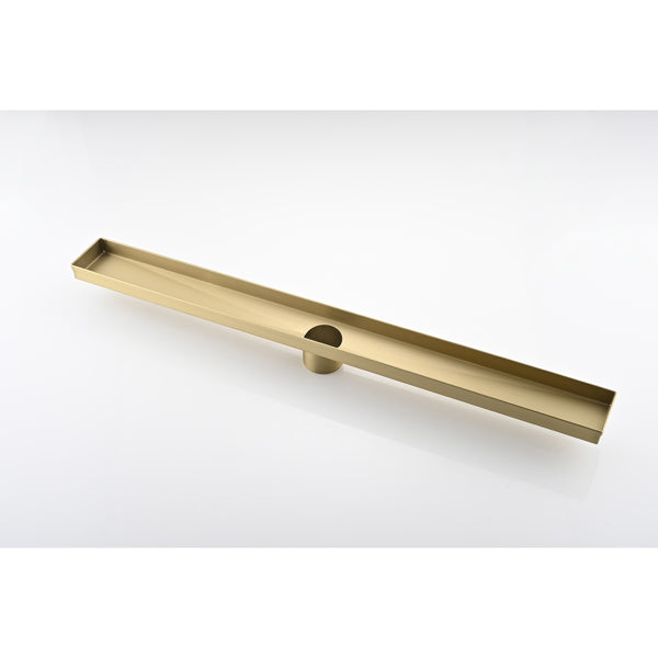 28 Inch Linear Shower Drain With 2-in-1 Flat & Tile Insert Removable Cover, 304 Stainless Steel With Hair Strainer And Leveling Feet, Brushed Gold