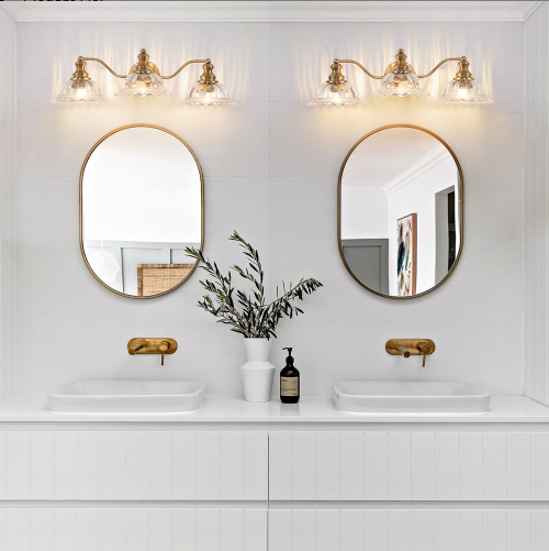 24 Inch 3-Light Vintage Bathroom Wall Sconce - Elegant Golden Metal And Glass Lampshade Vanity Light Fixture For Bathroom, Hallway, Or Bedroom Bulb Not Included