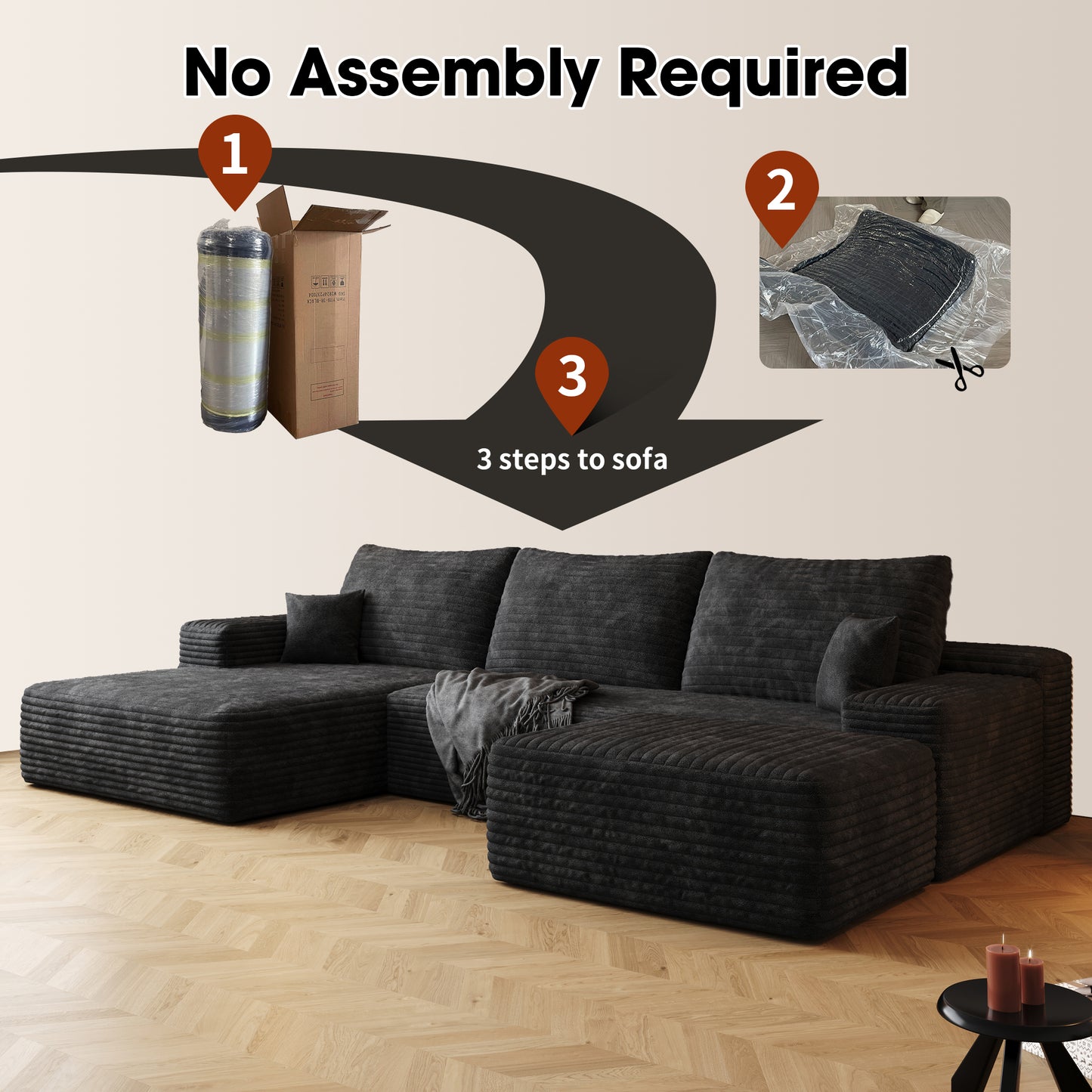 107 Cloud Sectional Sofa With 1 Ottoman,Modern Minimalist Upholstered Couches,Comfort U Shaped Sofa For Living Room,Deep Seat Corner Couch,No Assembly Required  Plush Corduroy Fabric ,Black