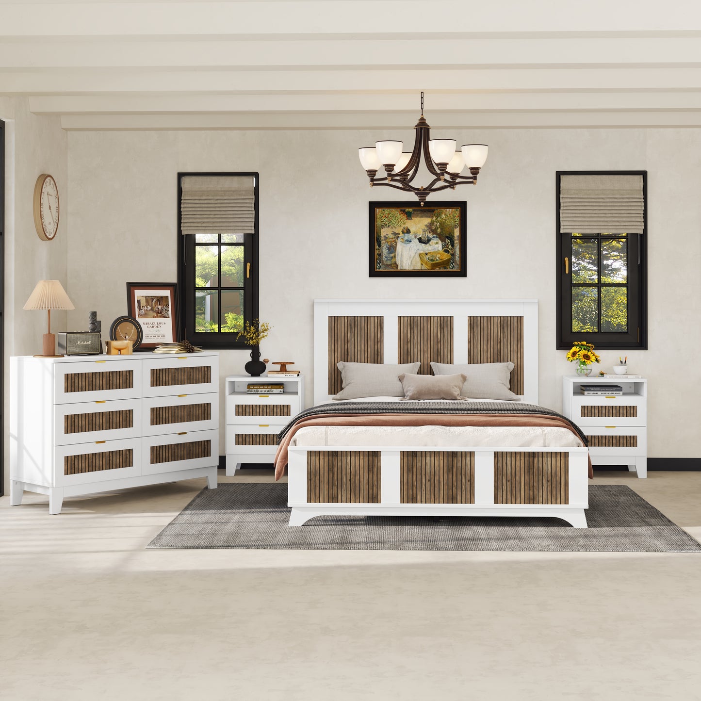 4-Pieces Bedroom Sets, Queen Size Farmhouse Platform Bed With Wooden Strip Stickers Decoration, Storage Nightstand And Dresser With Metal Handle, White Old SKU HL000191AAK