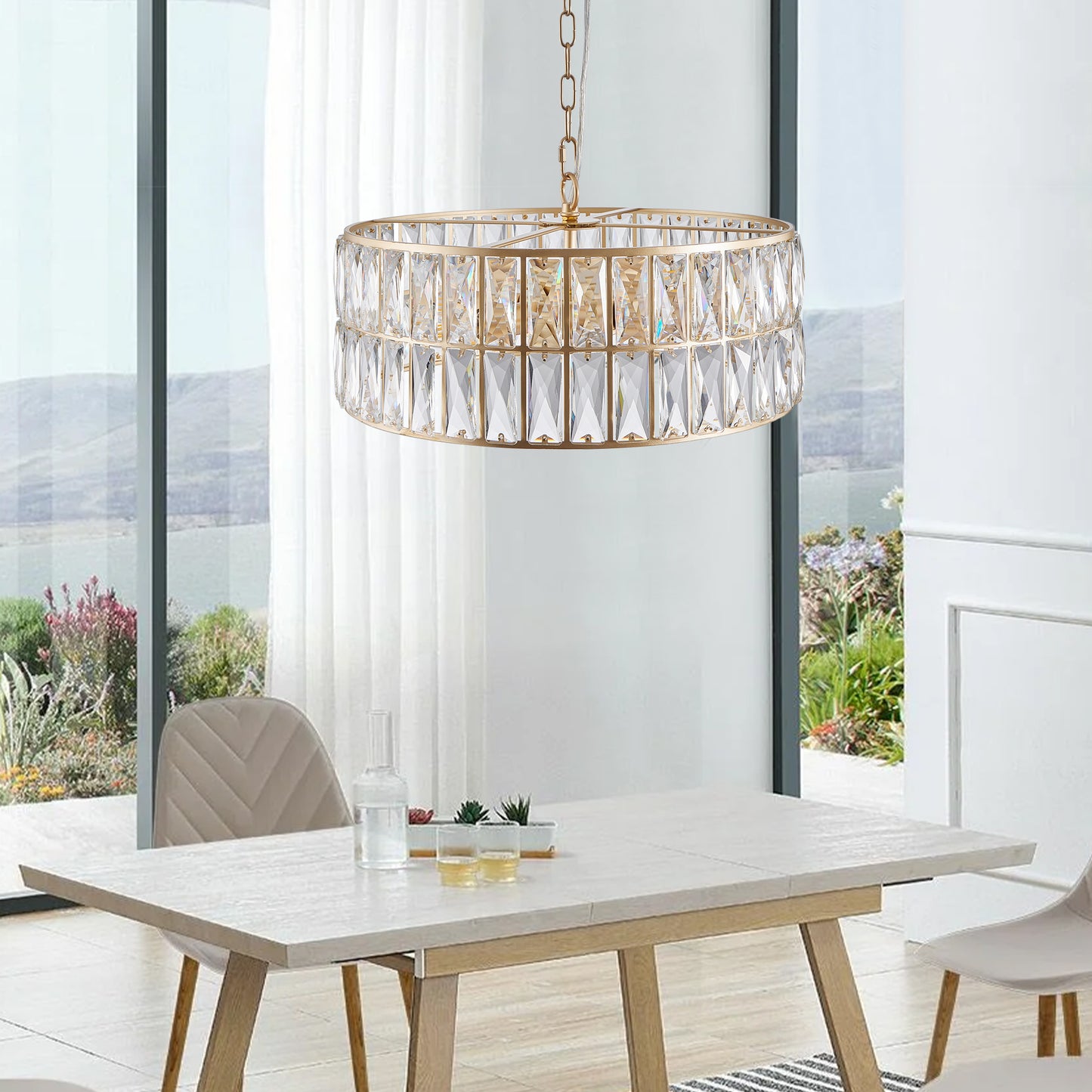 Golden Modern Crystal Drum Chandelier, 6-Light Pendant Lighting Fixture With Metal Frame For Living Room, Dining Room, And Bedroom Bulbs Not Included