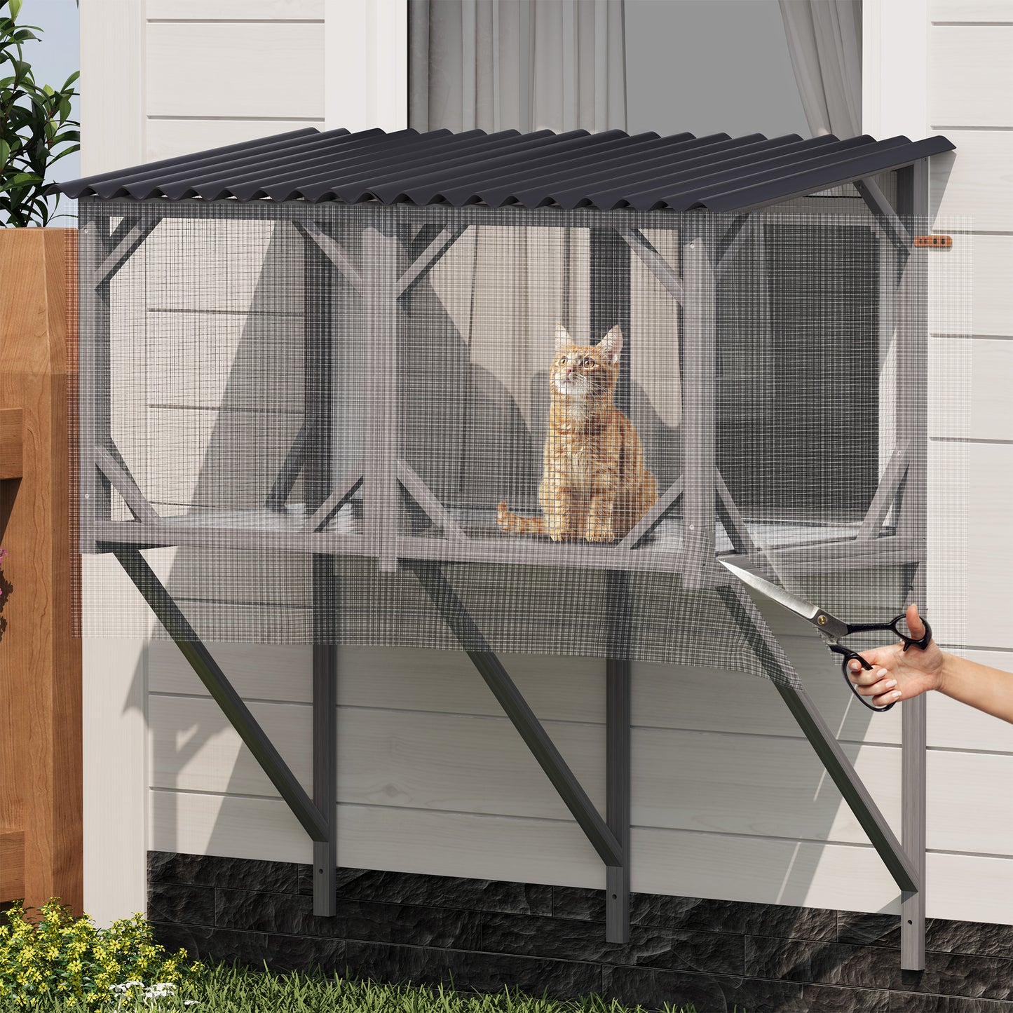 Cat Window Box, 43.3  Catio Outdoor Cat Enclosure With Bug Proof Net For Sunbathing, Napping & Viewing, Window Perch For Large Indoor Cats - All Weather Use, Cat Cage