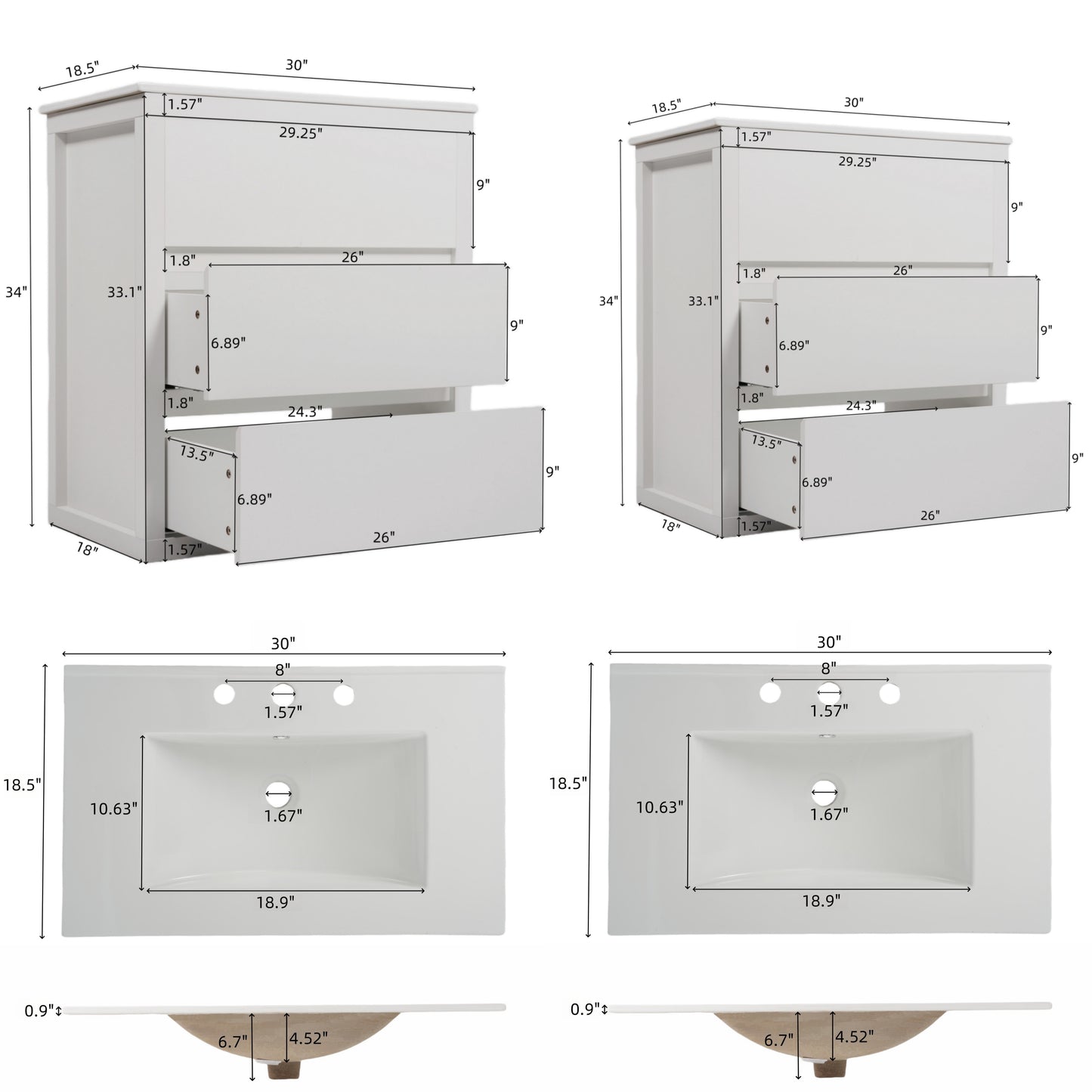 60  Double Sinks Bathroom Vanity Set, Bathroom Cabinet With Two Separate Ceramic Sinks, Full-Extension Drawers & Soft Close Undermount Drawer Slides, White