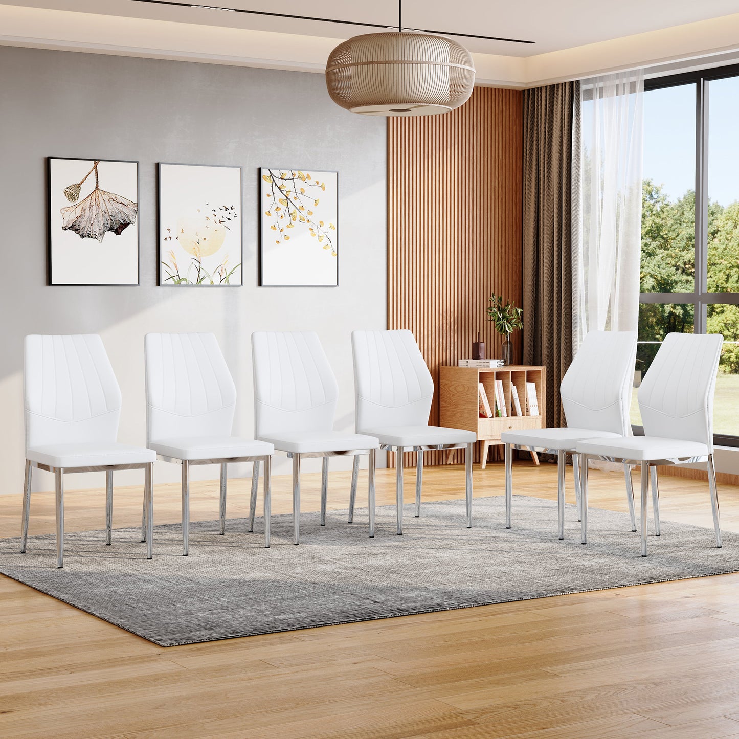 Set Of 6 Silver - And - White Dining Chairs,37 Inches High,Ergonomic PU Backrest, Combines Comfort And Style.Perfectly Blends Comfort And Elegance, Injecting More Comfort And Style Into Dining Time.