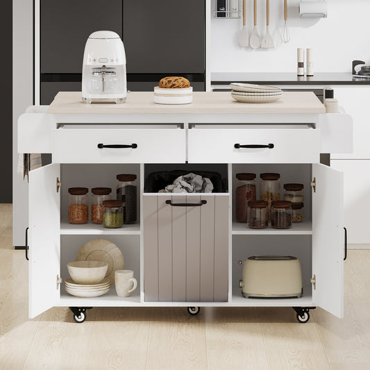 K&K Kitchen Island With Trash Can Storage Cabinet, Kitchen Cart With Drop Leaf, Spice Rack, Towel Rack And Drawer, Rolling Kitchen Island On Wheels With Adjustable Shelf, White