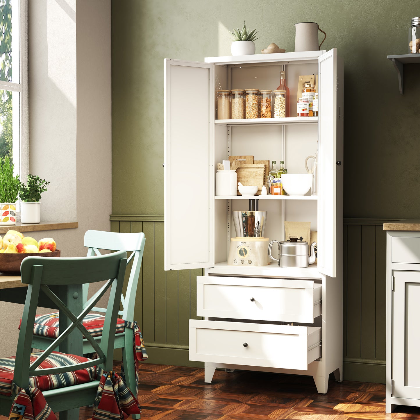 72 Inch White Pantry Cabinet With 2 Drawers, Freestanding Kitchen Storage Cabinet With Adjustable Shelves, Heavy-Duty Organizer For Spices, Dishware, Small Appliances In Kitchen, Pantry, Dining Room