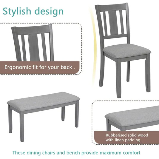 6 Piece Kitchen Dining Set, Rectangular Wooden Dining Table With 4 Upholstered Chairs And A Bench, Dining Table Set For 6 People, Living Room, Home Bar And Kitchen, Gray