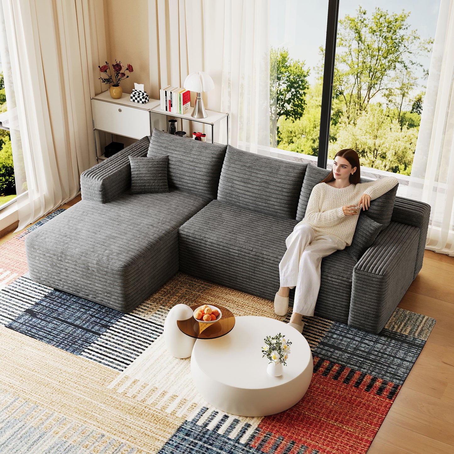 95  Cloud Sectional Sofa,Modern Minimalist Upholstered Couches, Comfort U Shaped Sofa For Living Room,Deep Seat Corner Couch,No Assembly Required,Dark Grey   Plush Corduroy Fabric