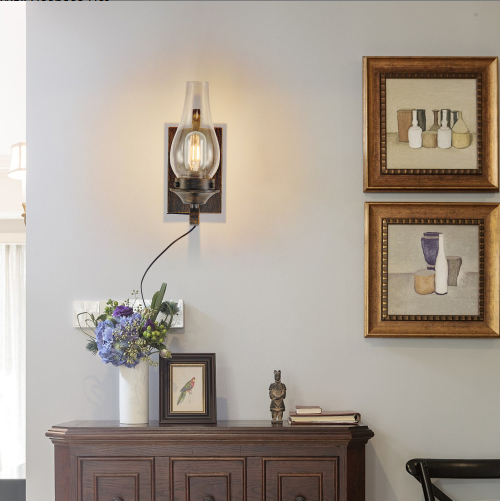 Only Supports Plug-in Rustic Farmhouse Wall Sconces Set Of 2, Vintage Industrial Plug-in Wall Lights With Clear Glass Shade, Black And Gold Finish For Bedroom, Living Room, Or Hallway No Bulbs
