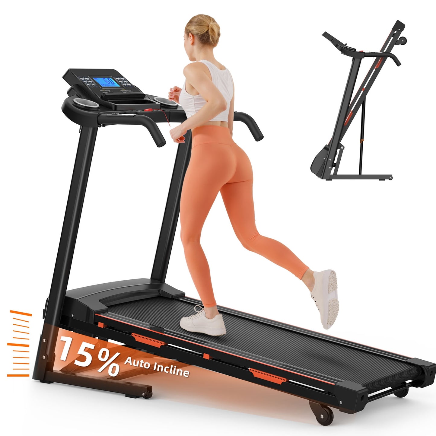 15% Auto Incline Treadmills 400LBS Heavy Duty Capacity 3.25HP Folding Electric Treadmill Up To 8.5 MPH Speed For Home Office Fitness