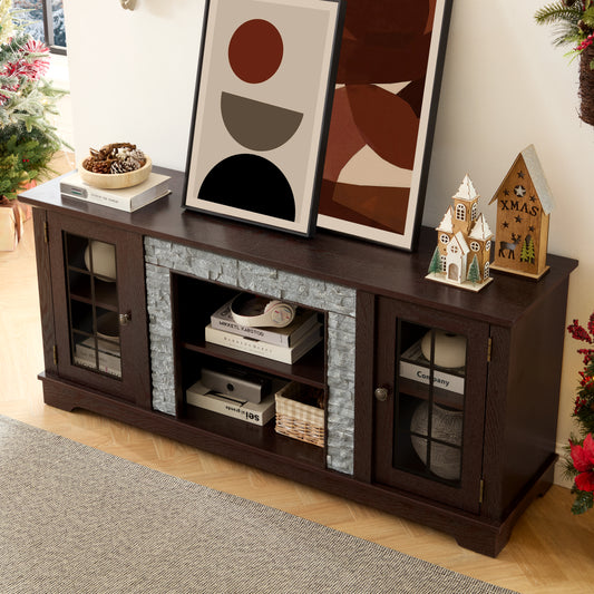 58  Modern TV Stand With 2-Door Storage, Faux Stone Media Console Cabinet, Cherry Large Entertainment Center For Living Room