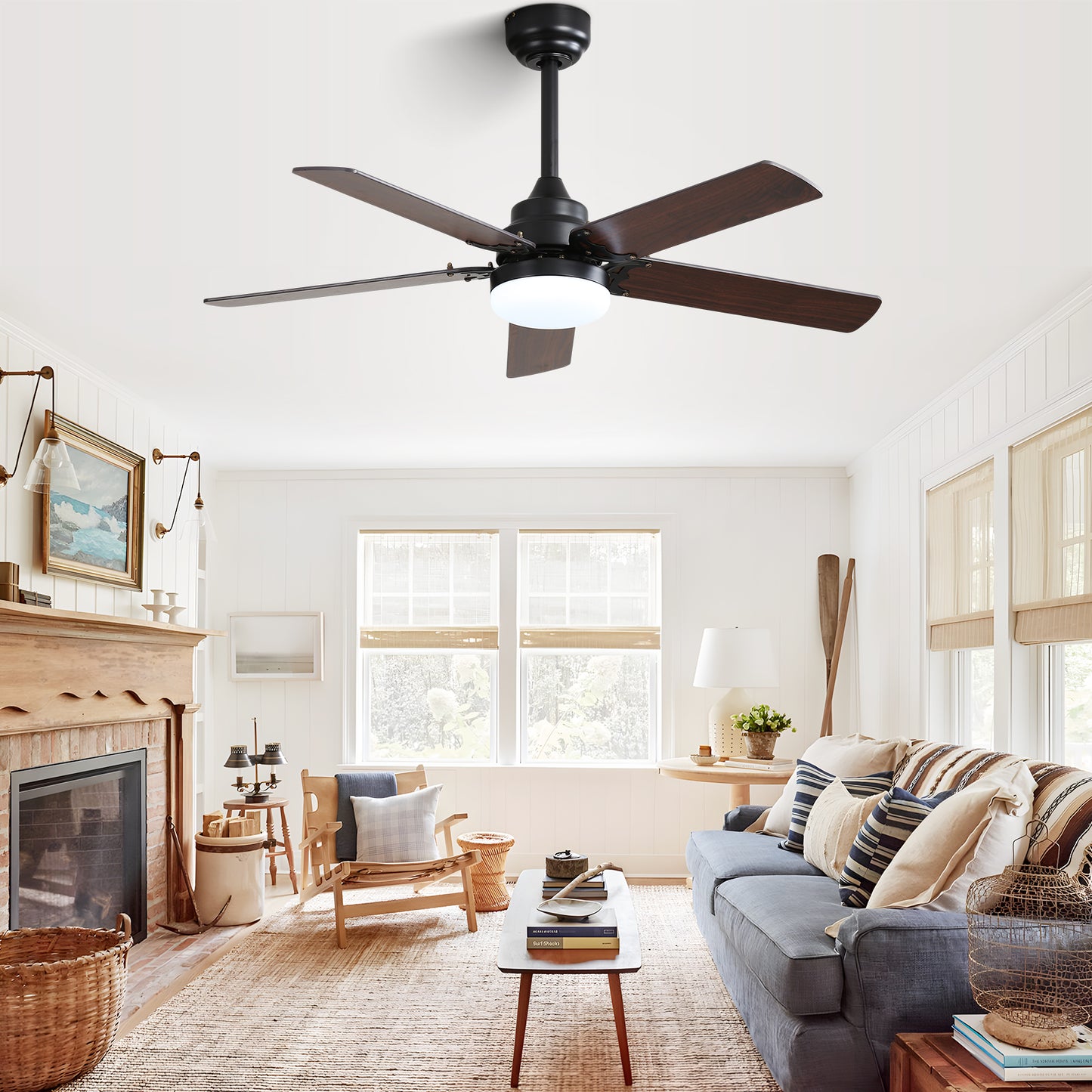 42 Inch Modern Ceiling Fan With LED Light 5 Blades Remote Control Reversible DC Motor Black For Bedroom