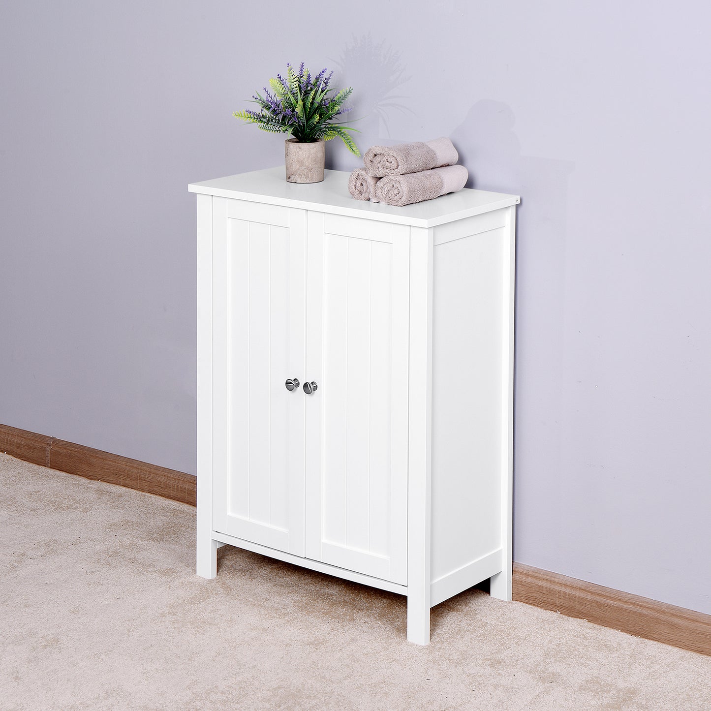 Bathroom Floor Storage Cabinet With Double Door Adjustable Shelf, White