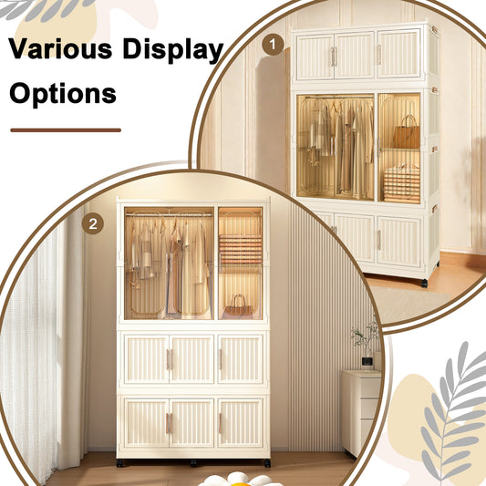 Portable Wardrobe Closet Storage Organizer For Clothes,Clothes Dresser,9 Magnetic Doors-9 Cubes & 1 Hanging Rod,6 Pcs Hangers , Baby Wardrobe Storage Cabinet,White