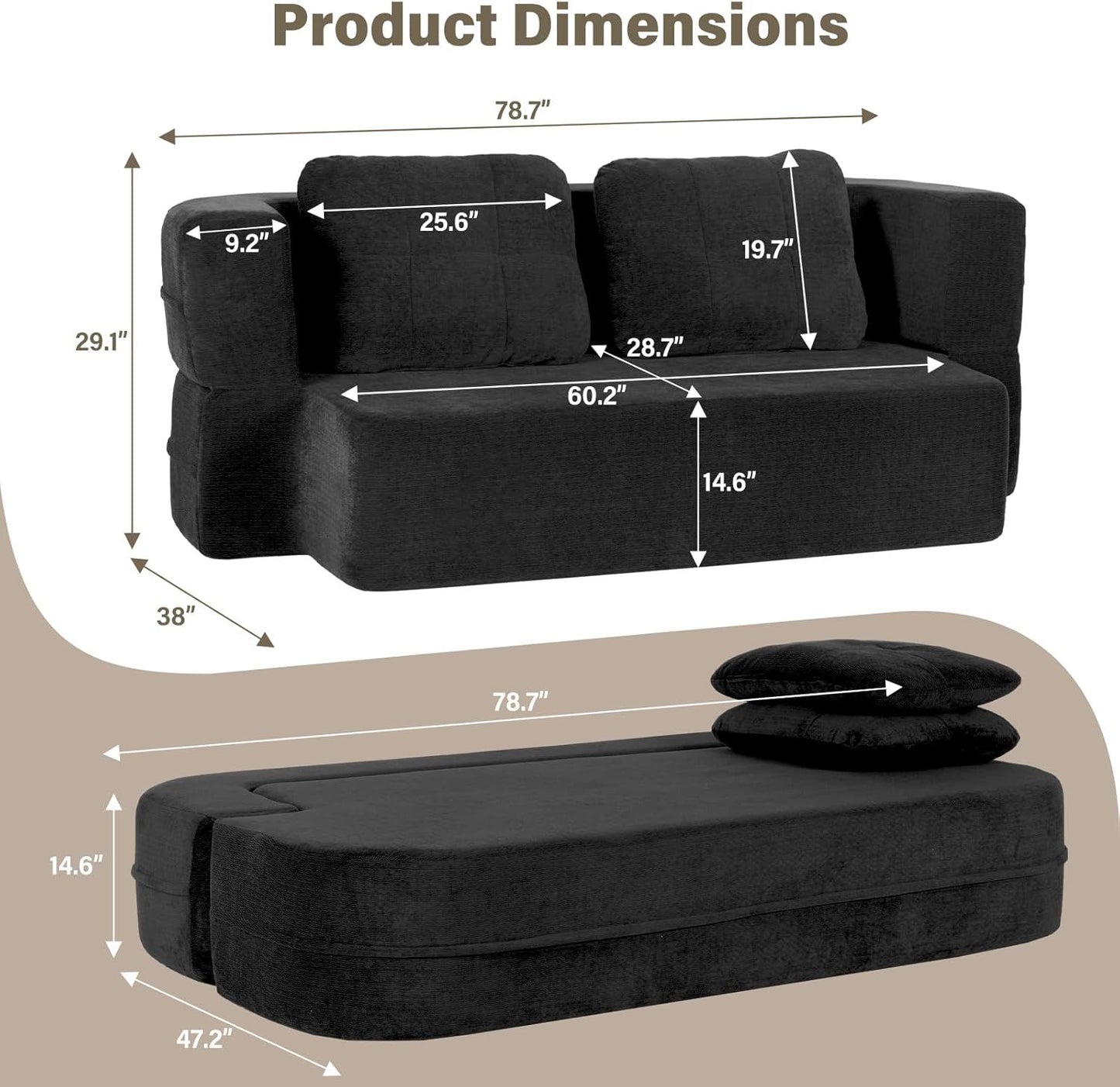 Convertible Sofa Bed With Blanket, Boneless Cloud Couch Queen   Fabric For Living Room Bedroom, Modular Loveseat With High-Density Solid Sponge No Assembly,Grey.