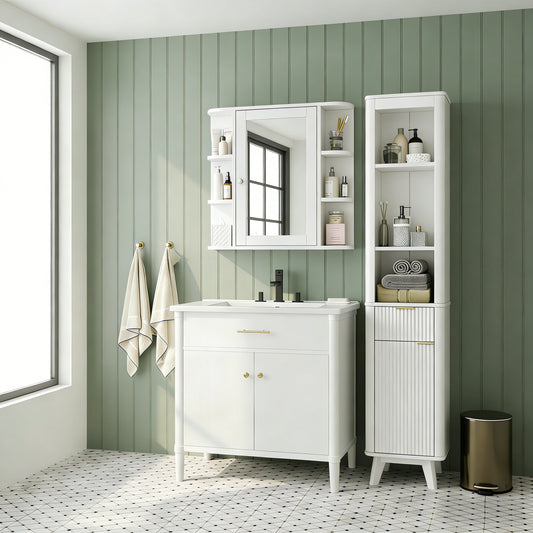 Bathroom Wall Storage Cabinet With Mirror, Medicine Cabinet With Adjustable Wood Shelf & Doors, Mounted Storage Cabinets With 6 Open Shelves, White