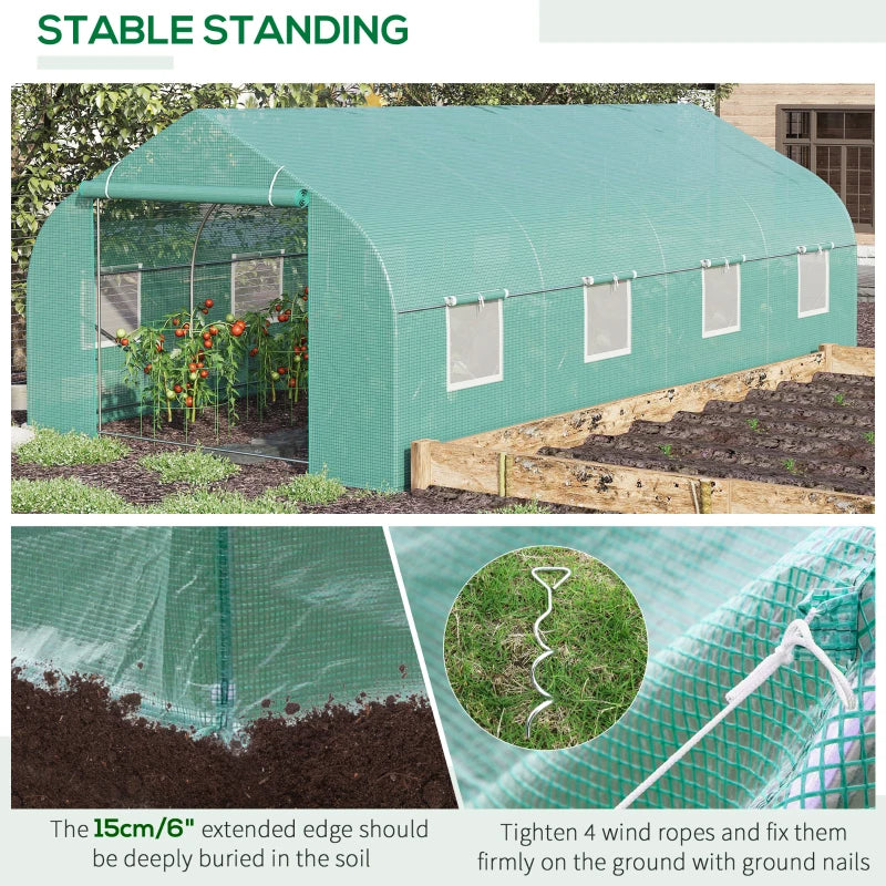 Outdoor Walk-in Greenhouse, Tunnel Green House With Roll-up Windows, Zippered Door, PE Cover, Heavy Duty Steel Frame, Green