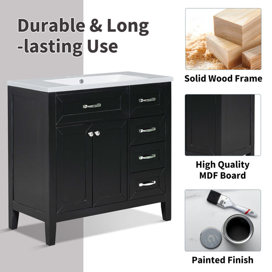 36 Bathroom Vanity Without Sink, Cabinet Base Only, Bathroom Cabinet With Drawers, Solid Frame And MDF Board, Black