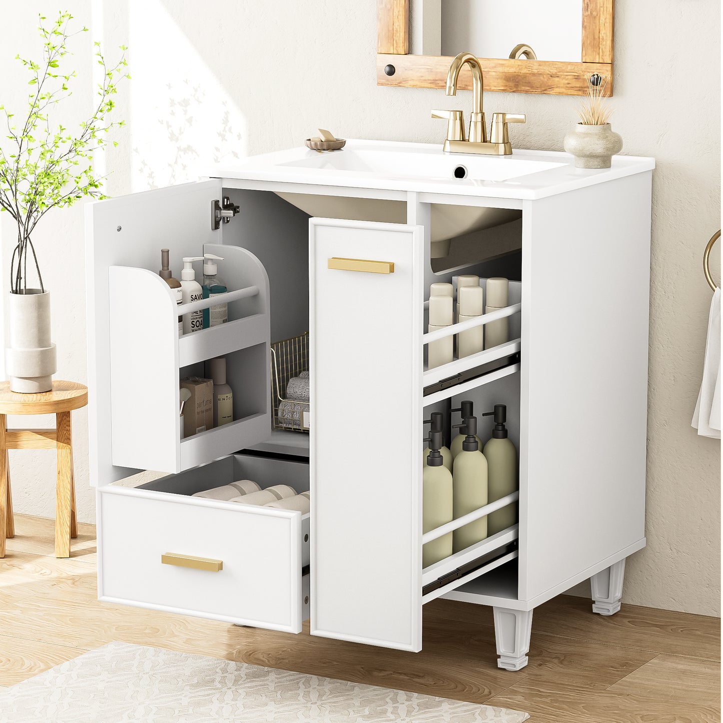 24 Bathroom Vanity With Sink, Bathroom Cabinet With Door Shelf, Deep Drawer, 2-Tier Pull-Out Basket, Solid Wood Frame And MDF Board, One Package, White