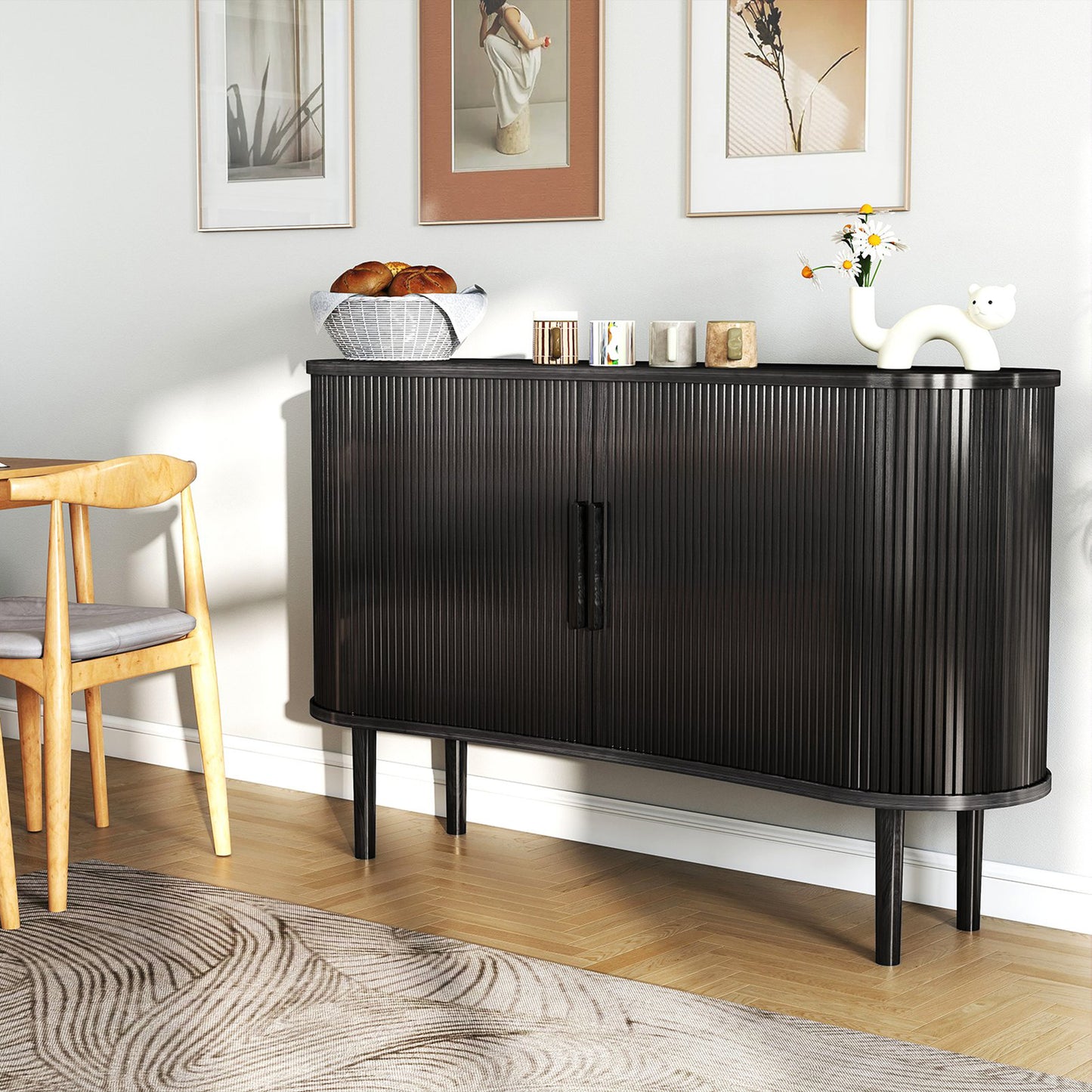 55in Storage Sideboard Modern Fluted Buffet Cabinet With Sliding Door And Solid Wood Legs For Kitchen Living Room Bedroom