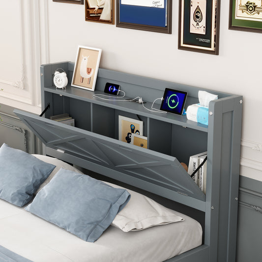 Twin Size Wooden Bed With Storage Headboard With Outlets, Extendable Bed With Twin Size Trundle With Three Storage Drawers,Gray