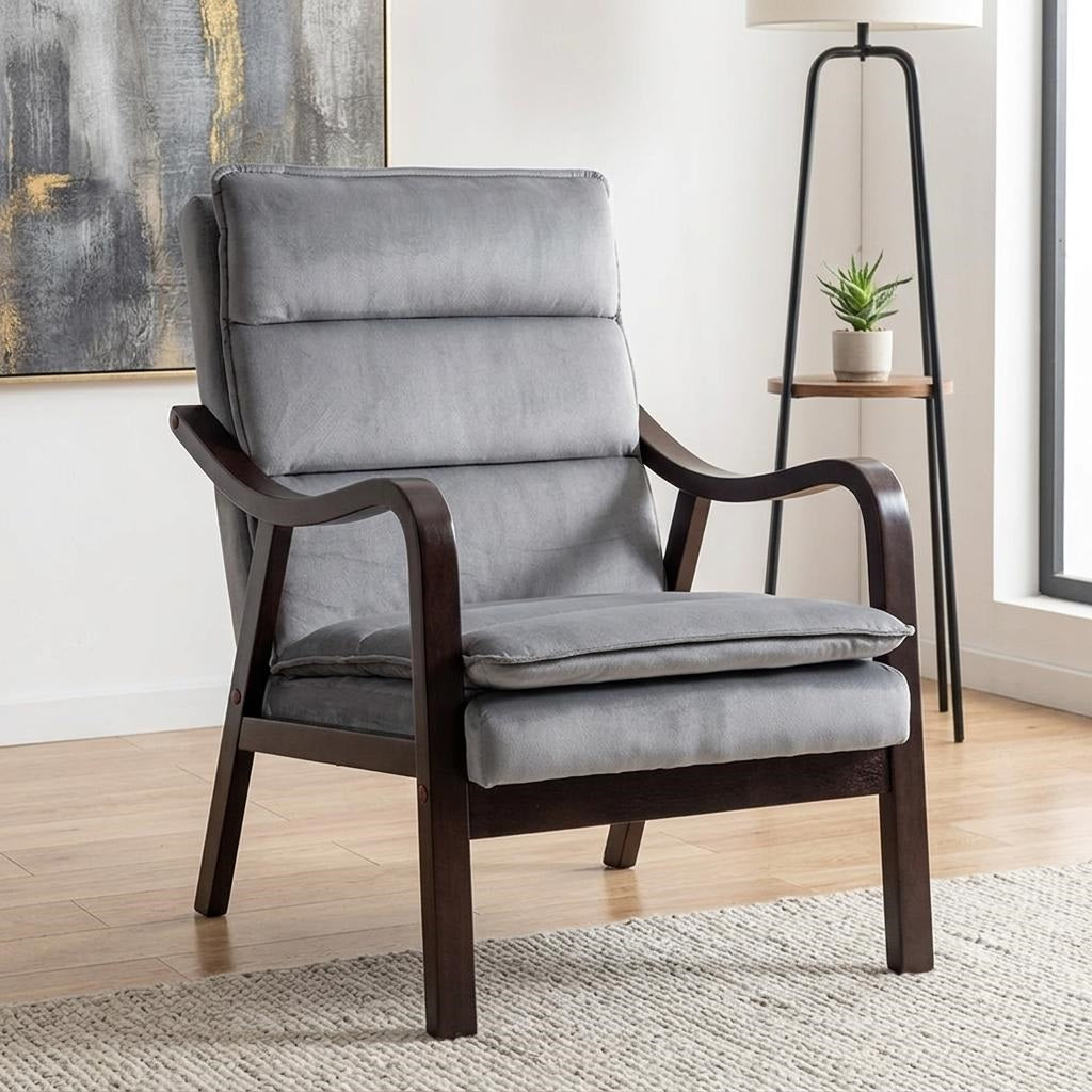 Mid-Century Modern Grey Accent Chair With Wood Armrest, Upholstered Reading Chair For Living Room Bedroom