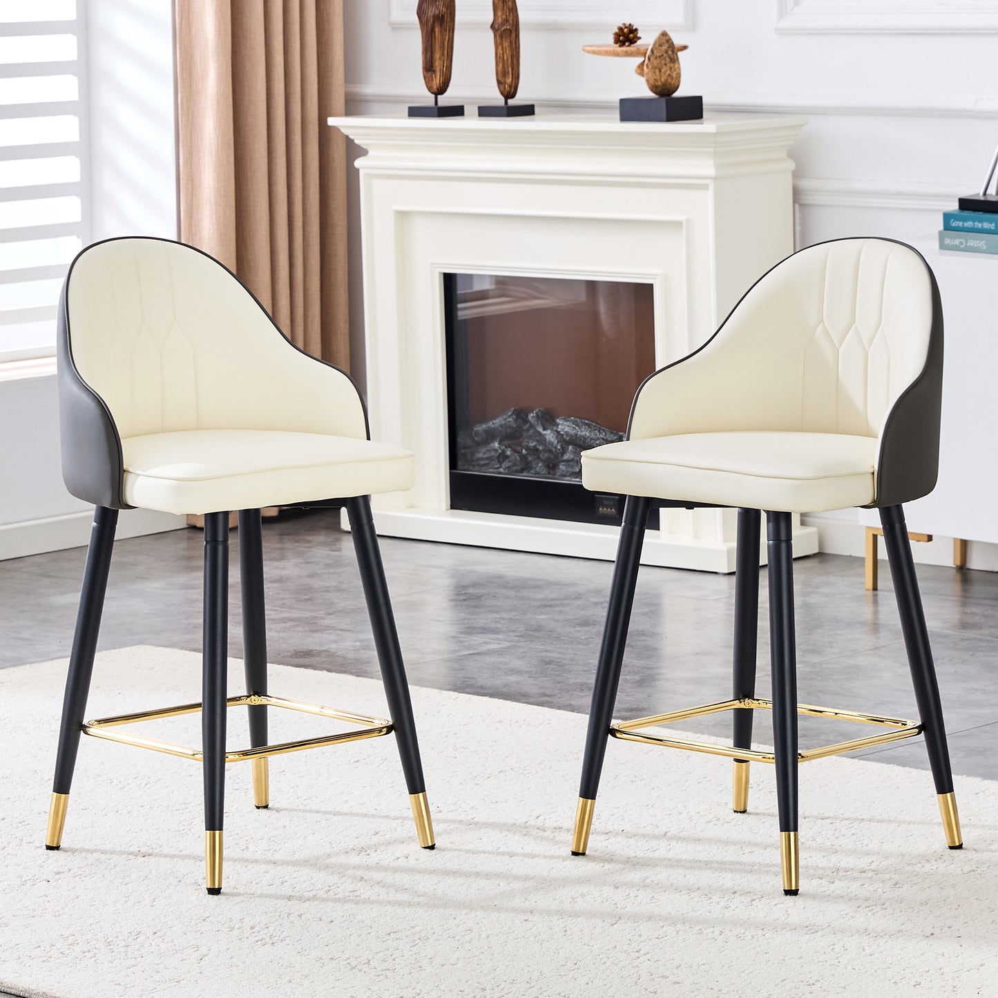 Set Of 2 White & Dark Gray Splicing Colors PU Leather Bar Stools 37.7 High, 25 Seat Height, Gold Accent Footrest, Ideal For Kitchen Island, Home Bar & Dining Area, Available In Light Gray, Black.