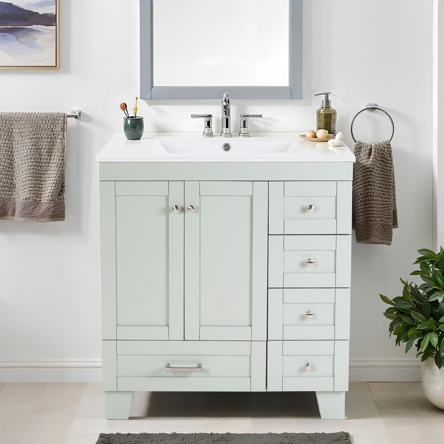 30  Blue Grey Bathroom Vanity With Ceramic Sink - Soft-Close Drawers, Solid Wood Frame, Multi-Organizer Storage ,76x47x85cm