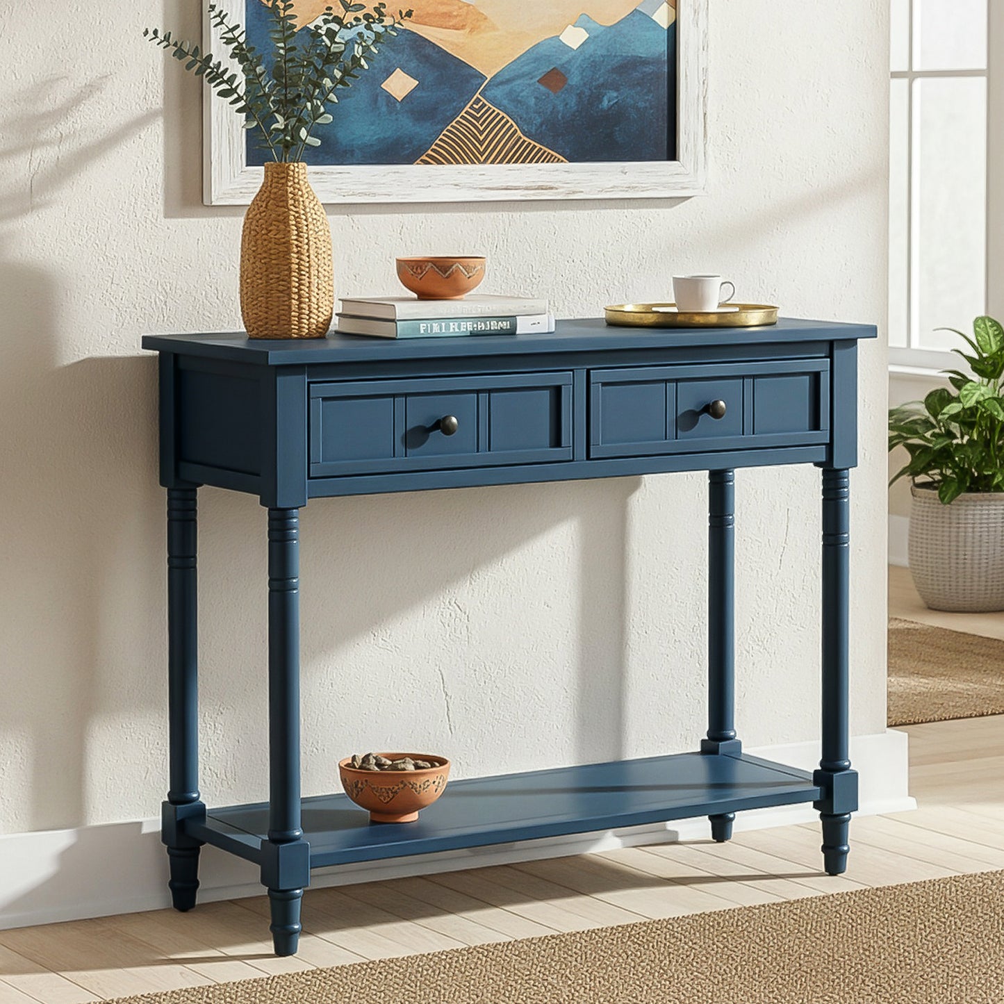TREXM Daisy Series Console Table Traditional Design With Two Drawers And Bottom Shelf  Dark Navy
