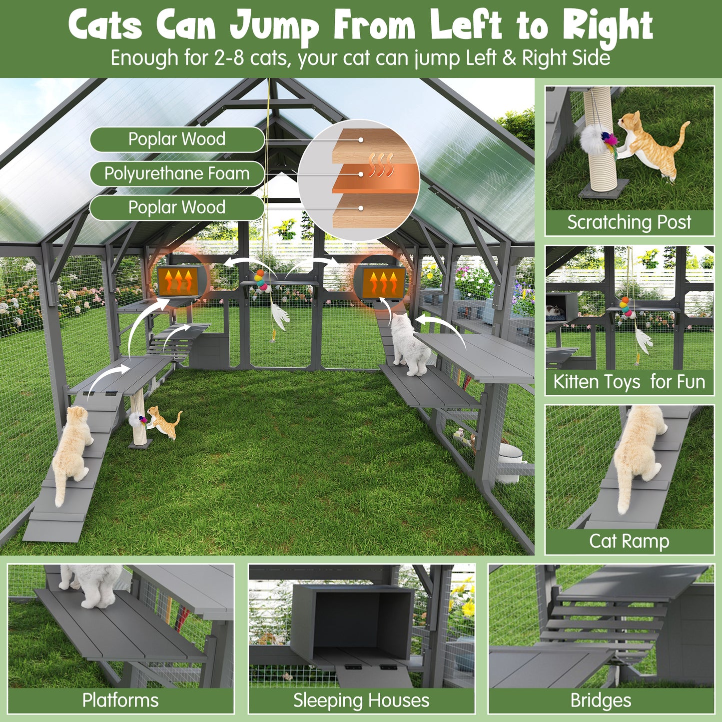 Large Outdoor Cat House With Planter Stand, Wooden Cat Enclosure With Resting Boxes For Multiple Kittens, Hanging Bridge, Platforms,Walk-In Catio Cage  With Waterproof Proof Cover, Grey