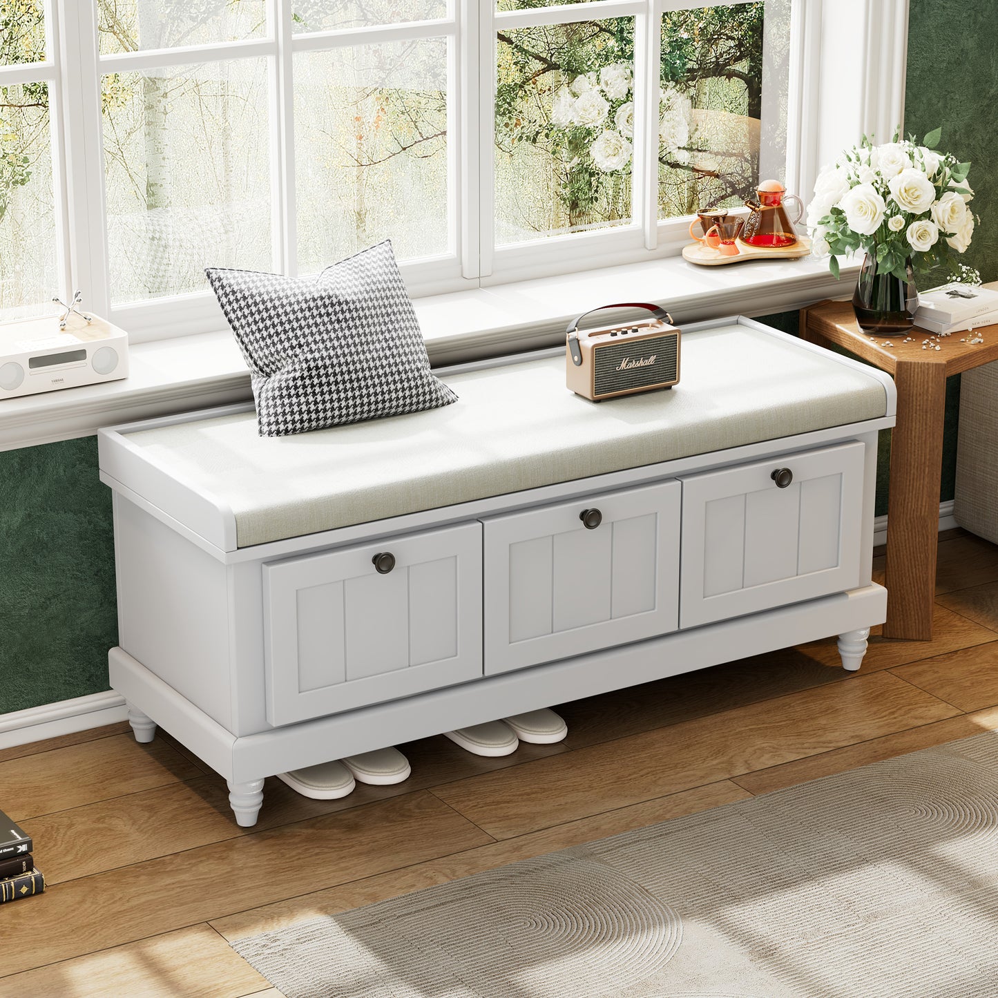 TREXM Classic Shoe Bench With Cushion And Three Drawers  Fluted Entryway Bench With Storage For Living Room  Entryway  And Hallways  Light Gray