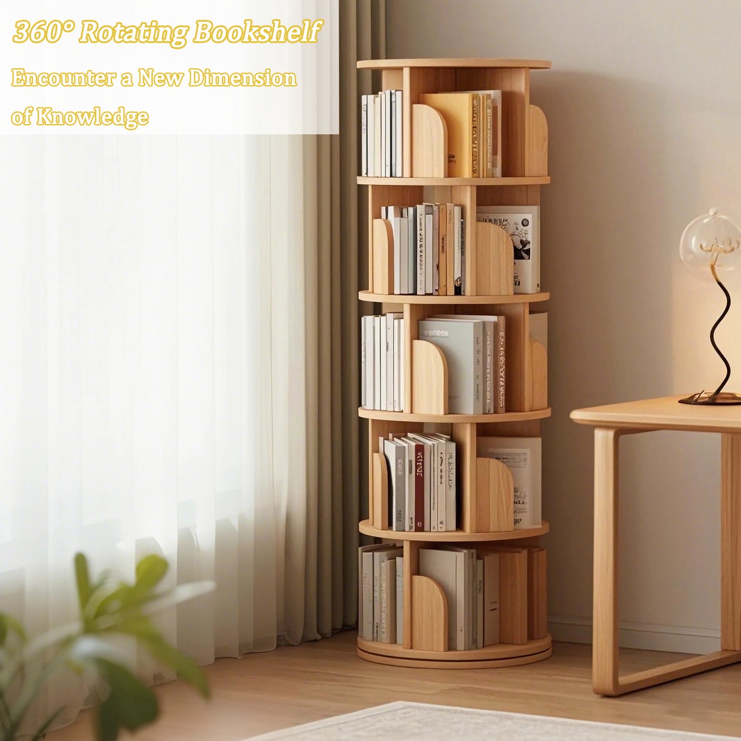 5 Tier Rotating Bookshelf, 360 Display Round Spinning Bookshelf, Space-Saving, Small Space Rotating Bookshelf Tower For Bedroom, Living Room, Home, Office, Wood Color
