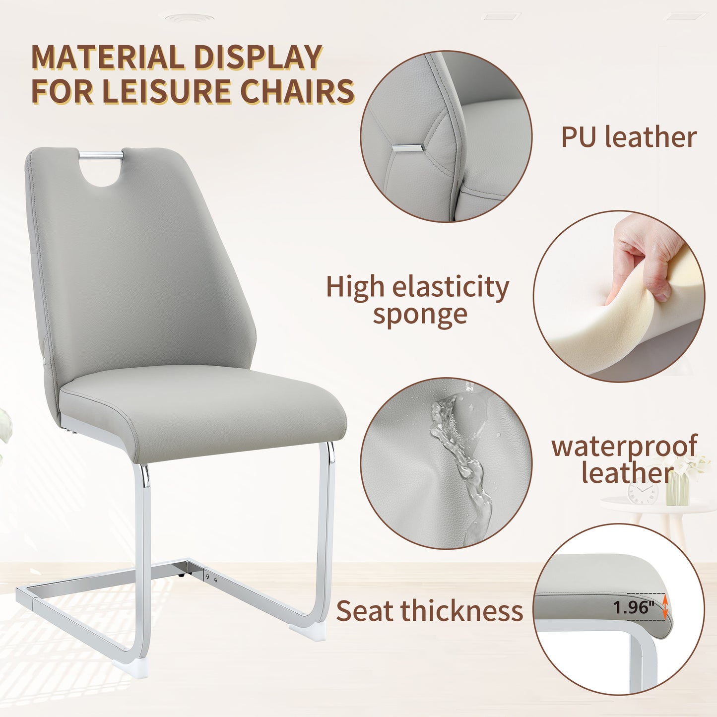 Dining Chairs Set Of 4, Light Gray Faux Leather Kitchen Chairs With Gold Mesh Texture, Silver Back Ring And Chrome Pull Handle, High Back Upholstered Dining Room Chair  Light Gray, Set Of 4