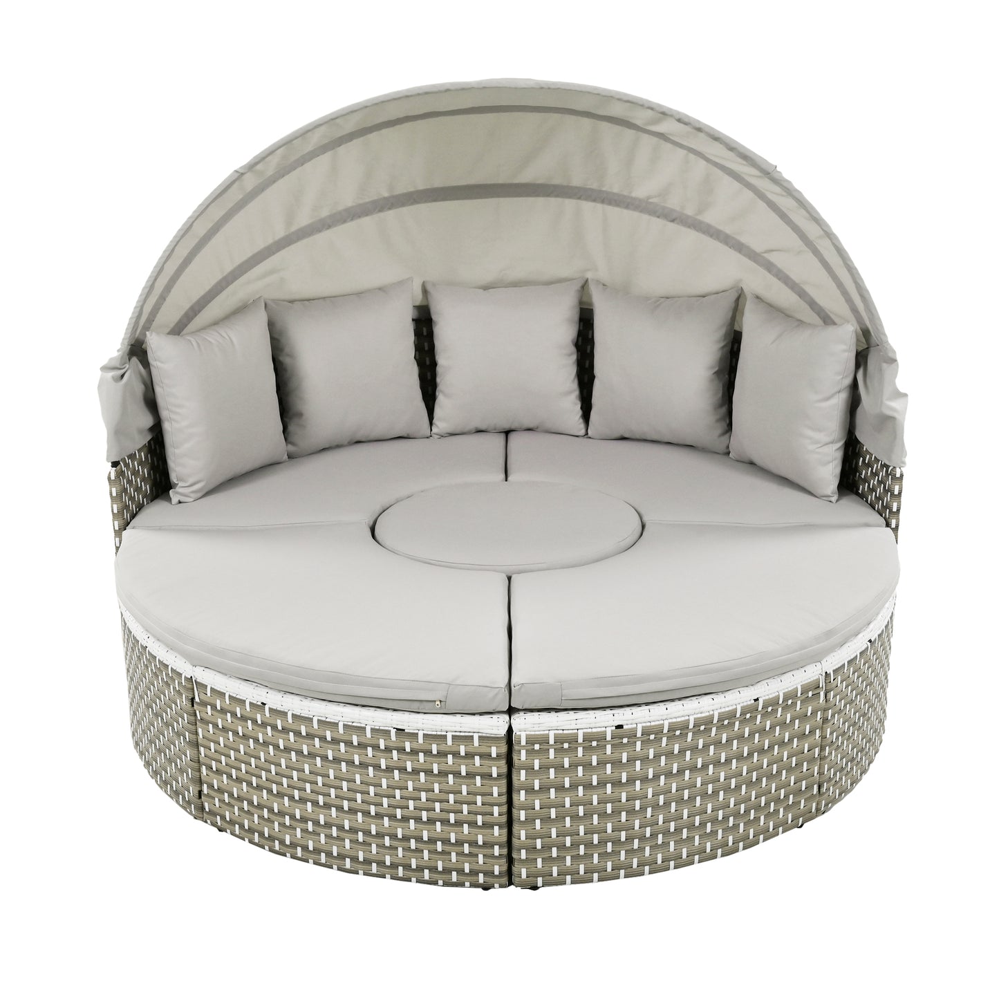 TOPMAX Patio Furniture Round Outdoor Sectional Sofa Set Rattan Daybed Two-Tone Weave Sunbed With Retractable Canopy, Separate Seating And Removable Cushion, Gray