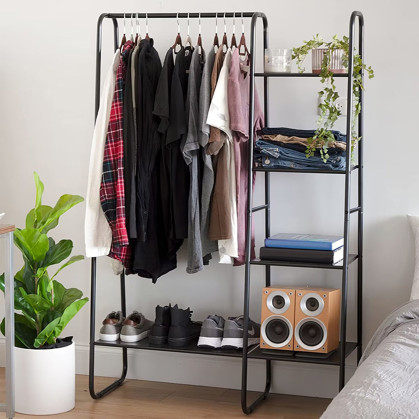 1Pc Metal Garment Hanging Rack Shoe Clothing Organizer Shelves Freestanding Clothing Hanging Rail Clothes Wardrobe Shoe Display Organizer With 1 Hanging Rod 5 Mesh Shelves