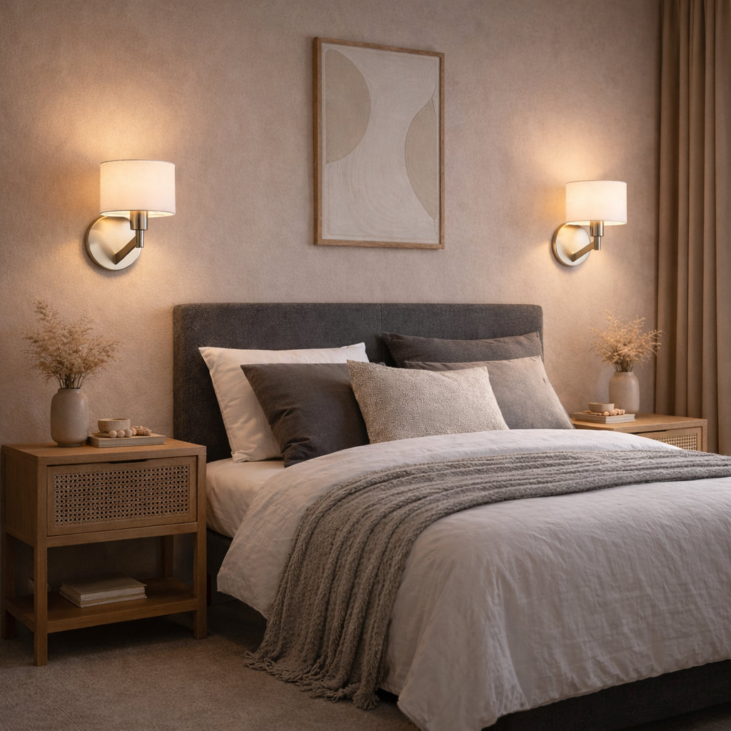 Nebula Brushed Nickel Base Wall Lamp With Rotary  White Fabric Shade
