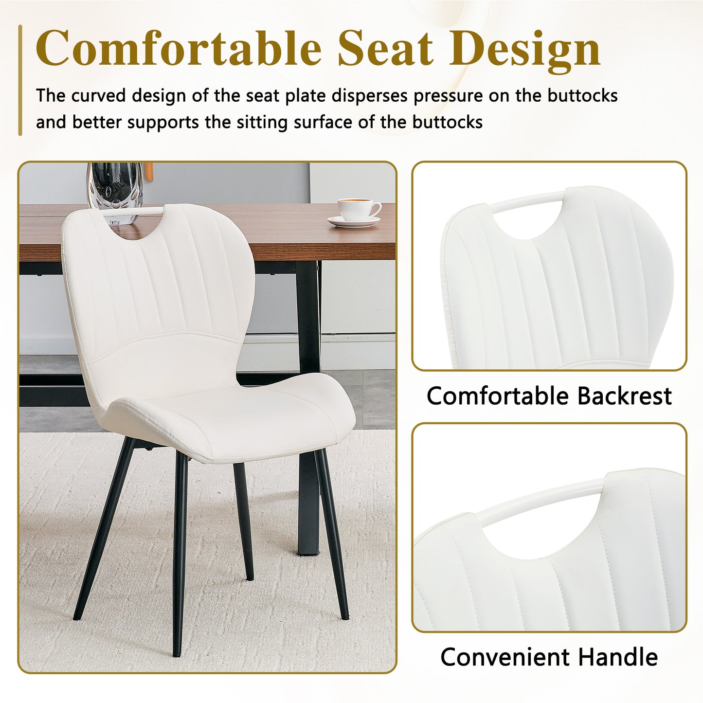 Set Of 4 White PU Dining Chairs With Integrated Handle. Black Metal Frame, Adjustable Leveling Feet. Home Dining Chairs With Extra-Wide Comfortable Cushion, Versatile For Multiple Scenarios.