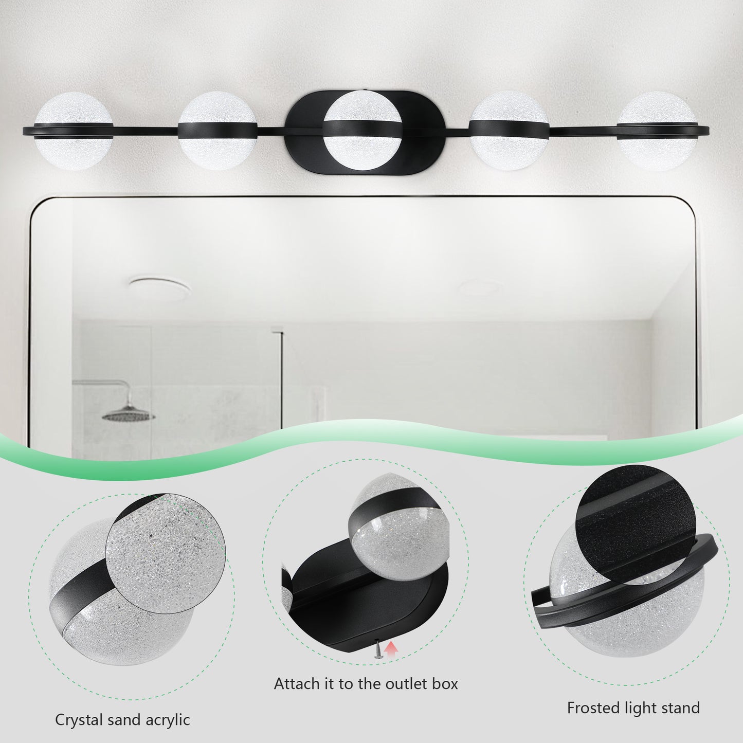 35  Modern Minimalist Bathroom Vanity Light, LED 5 Bulb Crystal Sand Acrylic Shades, Wall Mounted Decorative Lighting Fixture, Suitable For Bathroom Vanity Mirror Black