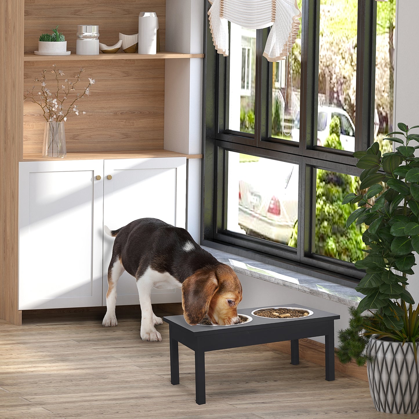 23" Wooden Heavy Duty Dog Food Bowls Pet Elevated Feeding Station -Black