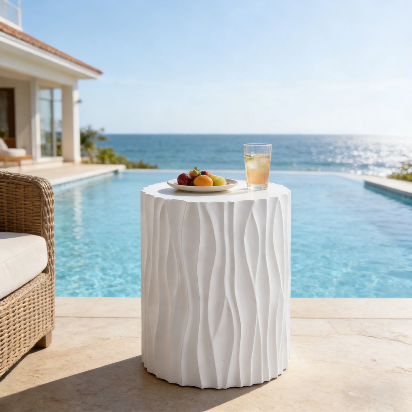 Modern White Outdoor Side Table With Wavy Fluted Design - 15.75  Round, 21.97  H, MGO Material, 66 Lbs Capacity, Assembly-Free For Patio, Garden, Or Balcony