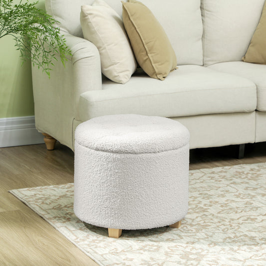 18" Round Ottoman With Storage, Teddy Fleece Button Tufted Foot Stool With Lid, Wood Legs For Living Room Hallway, White