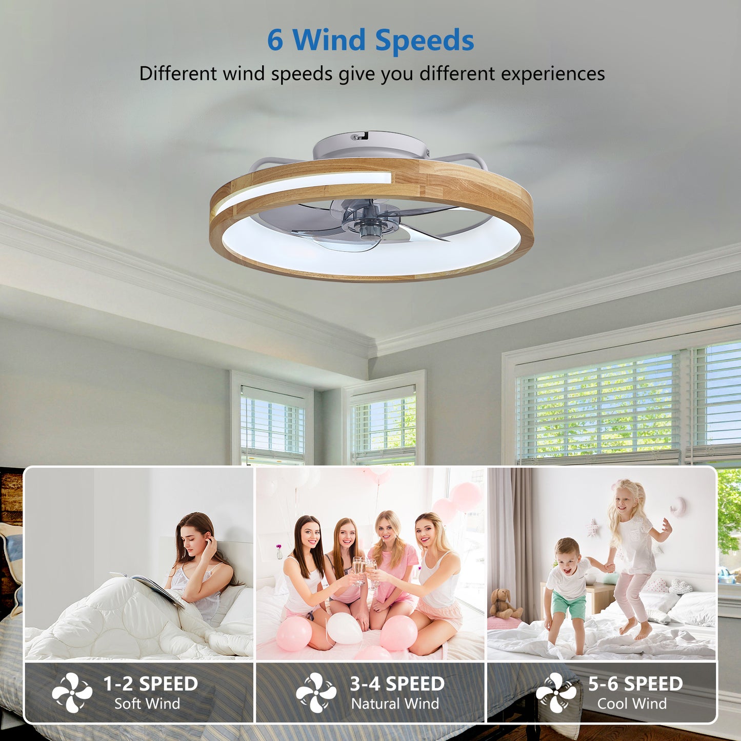 20 Inchs Ceiling Fans With Lights And Remote Low Profile Flush Mount Ceiling Fan With Light,3000-6000K LED Fan Lighting 6 Speed Reversible Quiet Wooden Small Fans And Light For Bedroom Kitchen