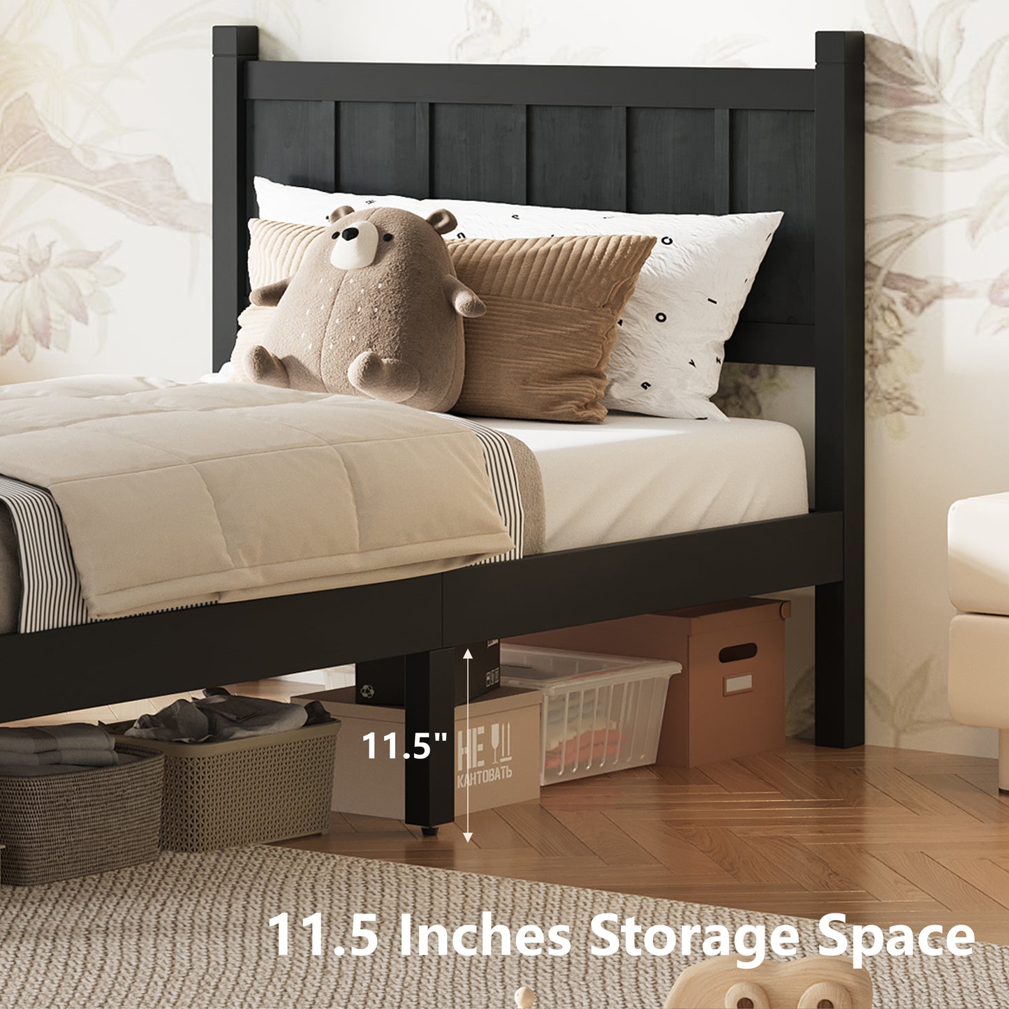 Twin Size Flat Panel Bed With Headboard & Footboard, Minimalist Modern Platform Bed With Wood Grain Finish, Shaker And Farmhouse Style Design, Sleek And Functional Bedroom Furniture,Black