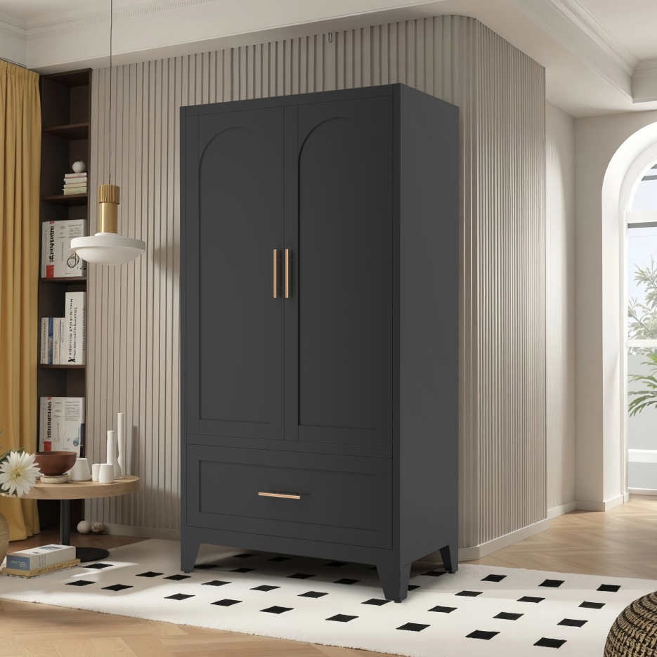 60inch Tall Metal Wardrobe Cabinet With 1 Drawer And Hanging Rod, 2 Doors Wardrobe Closet With Shelf For Bedroom, Office, Laundry Room,Entryway ,Foyer,Guesthouse Black