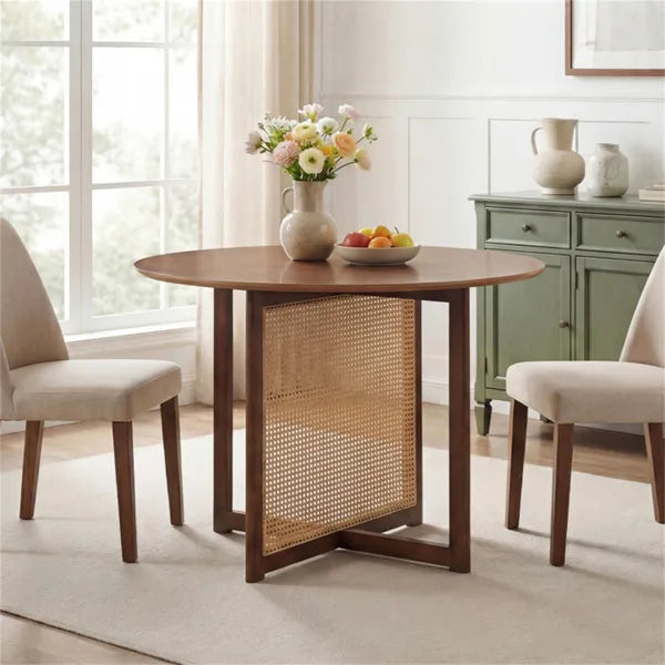 37.5" Round Dining Table For 2-4 People, Mid-Century Modern Kitchen Table With PE Rattan & Rubber Wood Legs