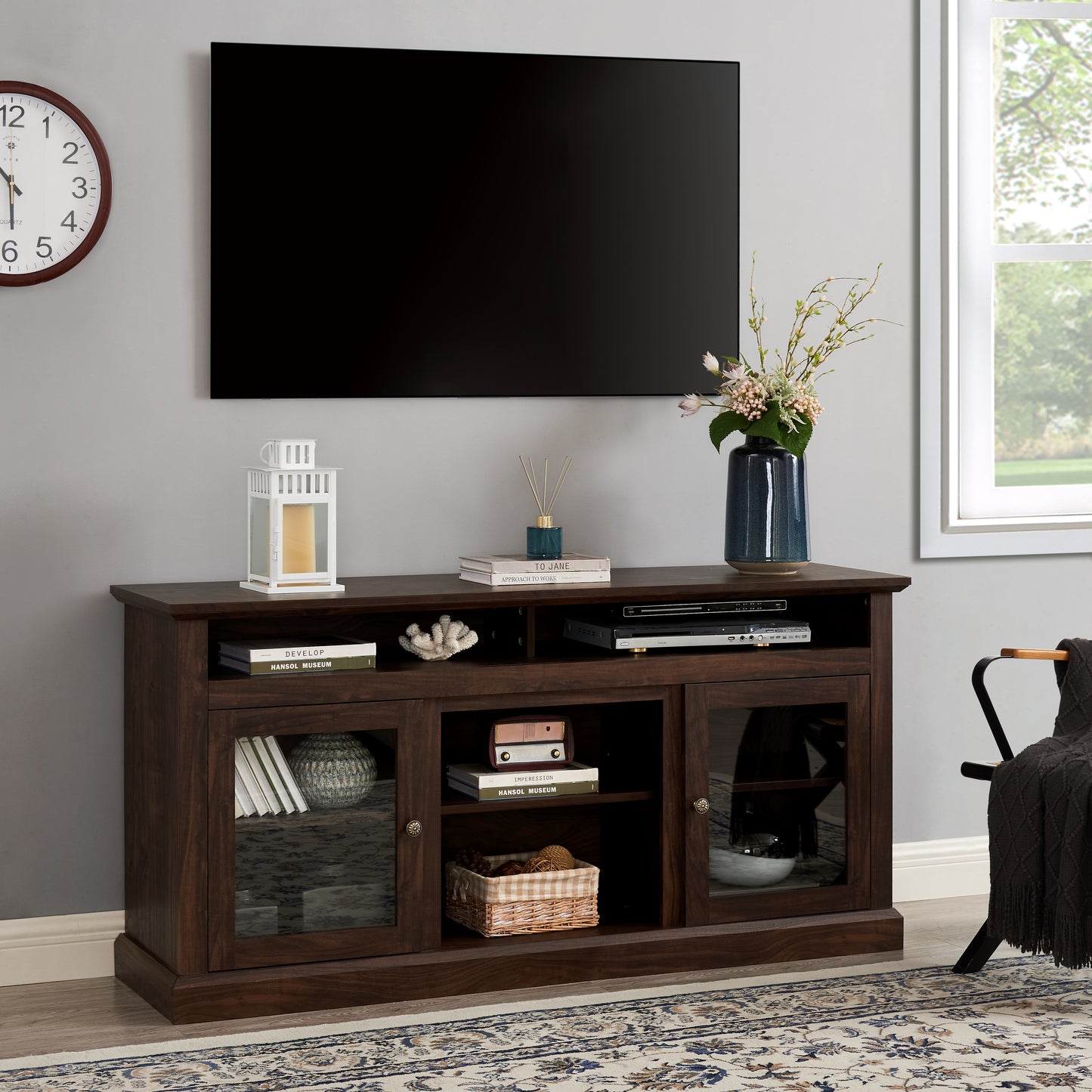 Modern TV Stand For Up To 65 Inch TVs, Entertainment Center Farmhouse TV Cabinet Media Console Table With Glass Doors For Living Room, Brown 60 W X15.75 Dx29 H