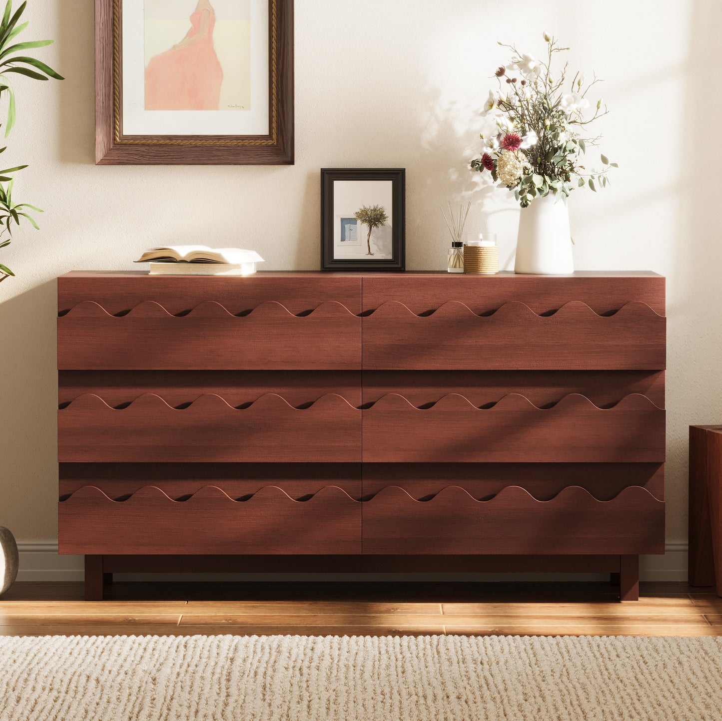 60   Length 6 Drawer Dresser With Wave Front Design, Modern TV Stand & Chest Of Drawers, Anti-Tip Clothes Storage Organizer For Bedroom, Living Room And Nursery, Walnut